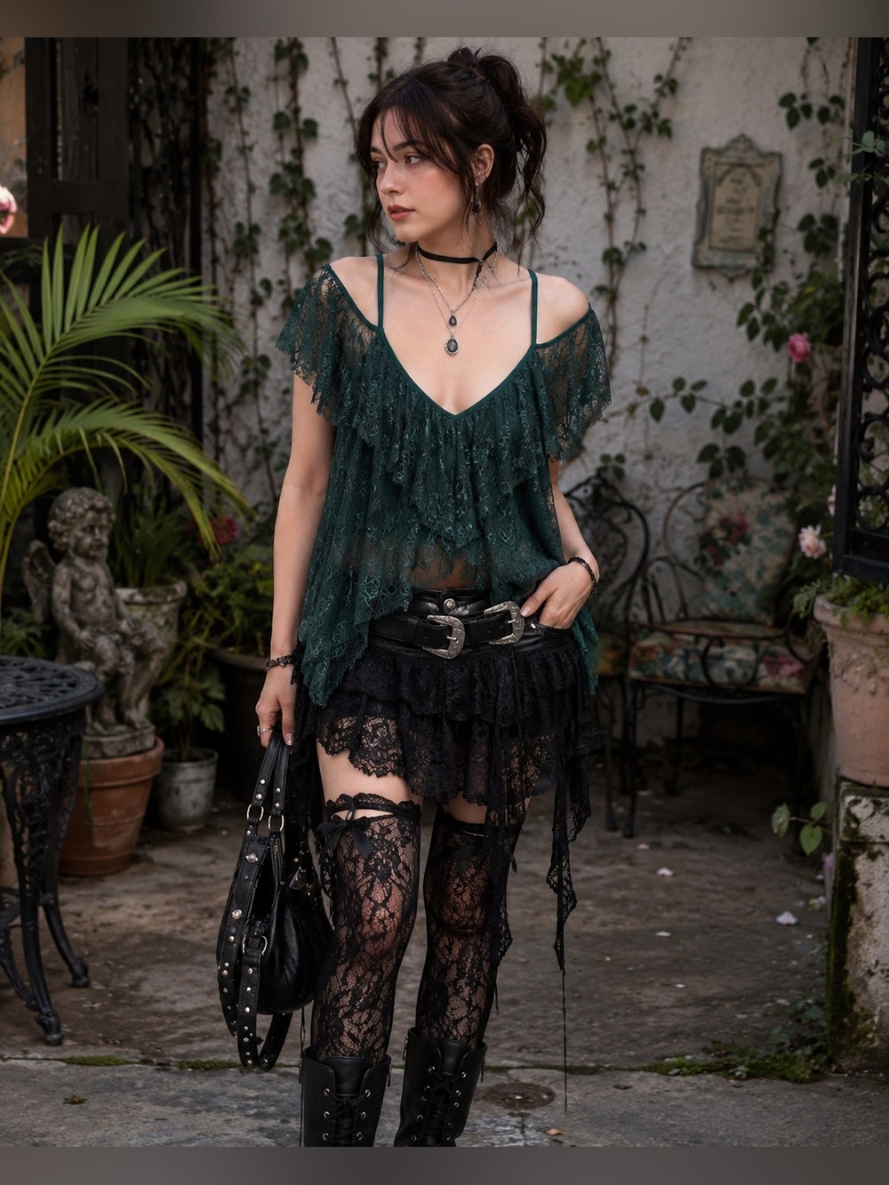 Emerald Green Lace Cold Shoulder Babydoll Top WhimsiGoth Coquette Fairy Grunge